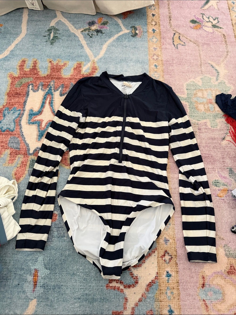 Faherty Striped Long-Sleeve One-Piece Swimsuit - Navy & White rash guard large